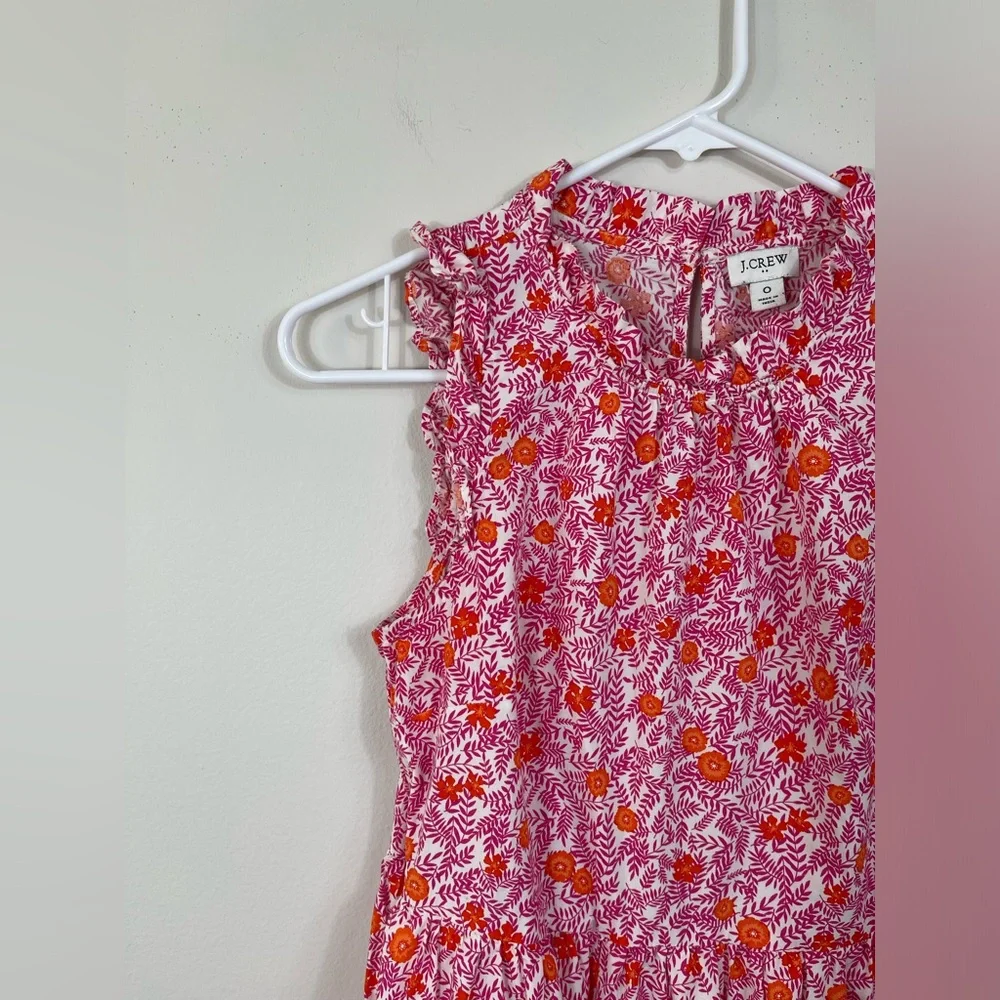 JCrew Floral Print Tiered Ruffle Sleeveless Pink Orange Cotton Dress Sz 0 - Picture 6 of 15